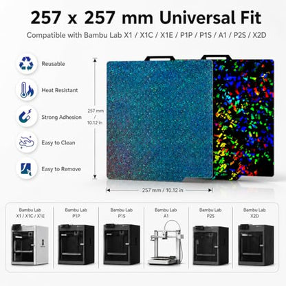 Holographic Build Plate for Bambu Lab P1S P2S X1 X1C X1E A1 - Tinytrees 257×257mm Flexible Spring Steel Plate with Flake & Starry Pattern, Easy Release 3D Printer Bed for PLA TPU PETG ABS - style: Flake+Starry