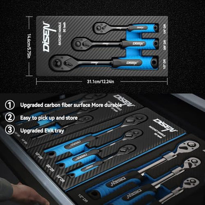 DISEN 3PCS Black Ratchet Set (1/2", 3/8", 1/4" Drive) - 90-Tooth Drive Ratchet Socket Wrench Reversible with Non-slip Rubber Grip, Quick Release & EVA Tray - Professional Ratchet Wrench Handle Kit - size: 3 pieces Standard Ratchet Set - Soft Handle