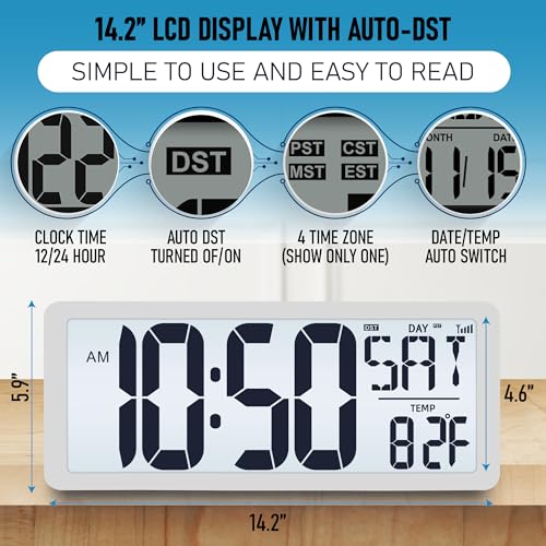 TXL Atomic Clock with Backlight, 14.2" Digital Wall Clock, Battery Operated, Large Display with Day, Date & Temperature, Bedroom, Living Room, Office - color: White Atomic Backlight-14.2in