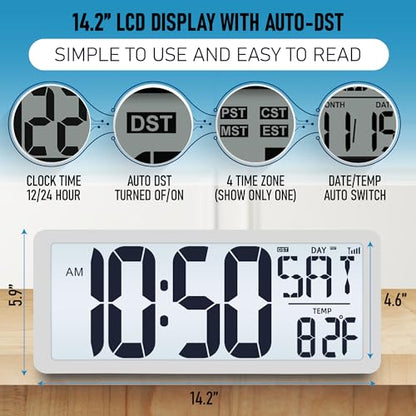 TXL Atomic Clock with Backlight, 14.2" Digital Wall Clock, Battery Operated, Large Display with Day, Date & Temperature, Bedroom, Living Room, Office - color: White Atomic Backlight-14.2in