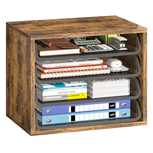 Simple Trending 4-Tier Desk File Organizer, Paper Organizer, Rustic Brown
