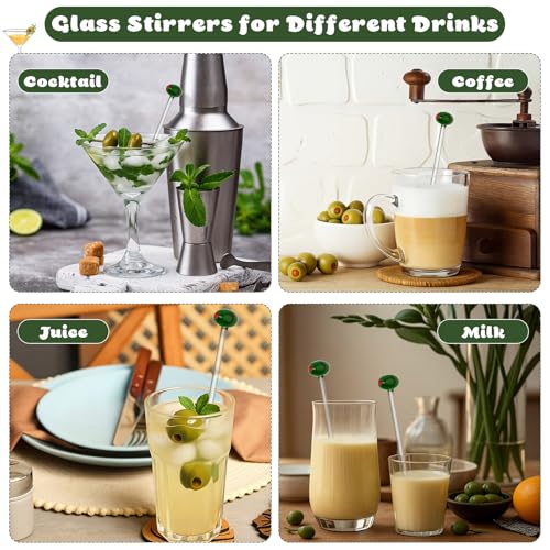 Qinyoung 12 Pcs Glass Martini Drink Stirrers 7 Inch Olive Swizzle Sticks for Cocktails Coffee Reusable Olive Beverage Stir Sticks for Birthday Party Coffee Bar Kitchen Bar Weddings - style: Martini Olive