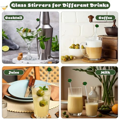 Qinyoung 12 Pcs Glass Martini Drink Stirrers 7 Inch Olive Swizzle Sticks for Cocktails Coffee Reusable Olive Beverage Stir Sticks for Birthday Party Coffee Bar Kitchen Bar Weddings - style: Martini Olive
