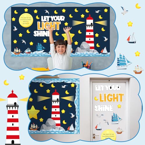 109Pcs Christian Religious Bulletin Board Set Let Your Light Shine Classroom Decoration VBS 2026 Bible Verse Lighthouse Paper Cutout for Church Easter Sunday School Chalkboard Door Wall Decor - style: Shining Light