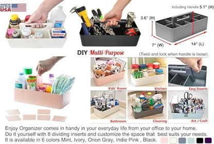 2 PACK - Portable DIY 8 Dividers Durable Plastic Tote Tool & Supply Cleaning Caddy with Handle Made In USA (Orion Gray) - color: Orion Gray