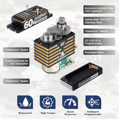 HobbyPark 828oz-in 60kg Servo High Torque Waterproof RC Steering Servo Metal Gears Stainless Steel Aluminum Case for 1/6 1/7 1/8 1/10 RC Crawler Car Truck Buggy HV, Powerful & Fast (Brushless Motor)