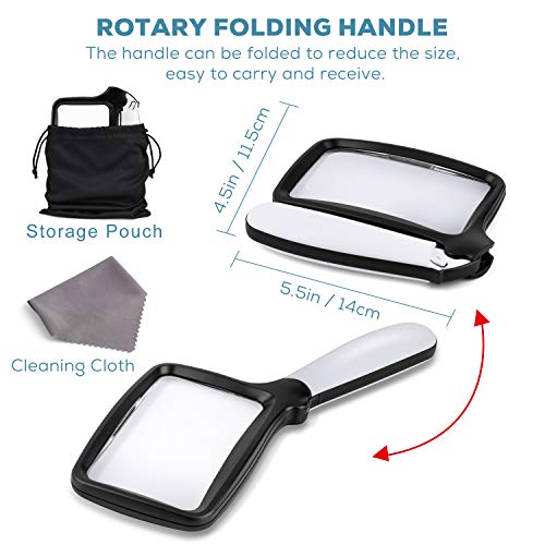 Folding Handheld Magnifying Glass with Light, 5X Large Rectangle Reading Magnifier with Dimmable LED for Seniors with Macular Degeneration, Newspaper, Books, Small Print, Lighted Gift for Low Visions - color: Black White