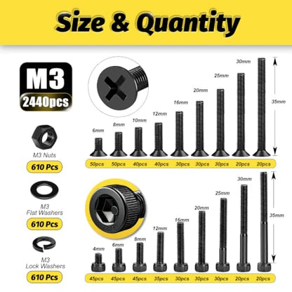 Kadrick 2440PCS M3 Screws Assortment,Hex Socket Cap & Countersunk M3 Screws - size: M3 2440Pcs 4-35mm