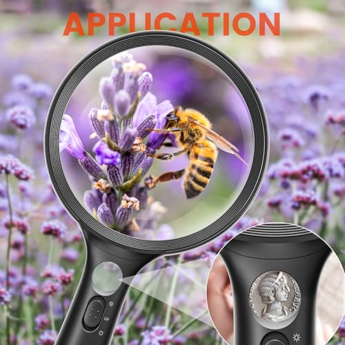 Magnifying Glass with Light Large 24 LED, 10X Handheld Illuminated Lighted Magnifier 1UV Light for Seniors, Close Work, Reading, Coins, Jewelry