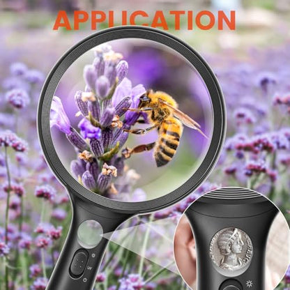 Magnifying Glass with Light Large 24 LED, 10X Handheld Illuminated Lighted Magnifier 1UV Light for Seniors, Close Work, Reading, Coins, Jewelry