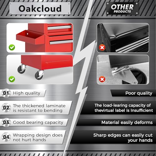 Oakcloud Heavy-Duty 5-Drawer Rolling Tool Chest & Cabinet Combo with Black Liner – Lockable Steel Garage Tool Box on Wheels – Detachable Top Toolbox & Bottom Storage Cart with Side Hooks, Red - color: Red, size: 5-drawer