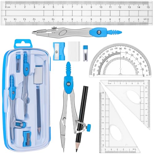Zonon 10 Pcs Math Geometry Set for Student Compass Protractor, Blue - color: Blue