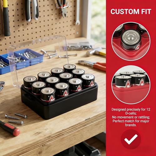 ALCYON Plastic Battery Organizer Storage Case for 12 D Batteries - color: Black, size: 12+D Batteries