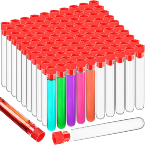 Relaxweex 100 Pcs Clear Plastic Test Tubes 16x100mm Lab Vials Caps,Red - color: Red