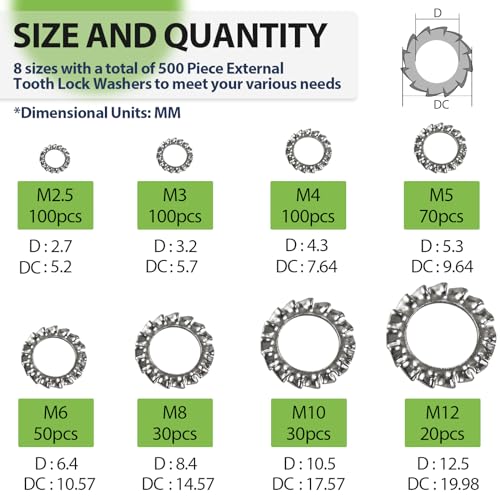 Star Washers External Tooth Lock Washers Assortment (M2.5-M12) 500Pcs - size: External Tooth Lock Washers