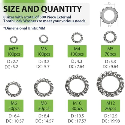 Star Washers External Tooth Lock Washers Assortment (M2.5-M12) 500Pcs - size: External Tooth Lock Washers