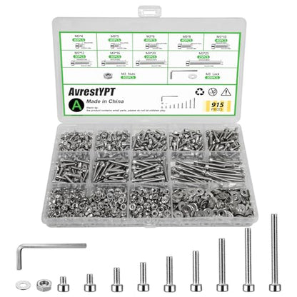 915Pcs M3 Screws Assortment, Hex Socket Head Cap Screw Bolts Nuts Washer Kit, Stainless Steel,9-Sizes M3x4/5/6/8/10/12/16/20/25mm Screws for 3D Printer DIY - size: M3 x 4/5/6/8/10/12/16/20/25-915Pcs