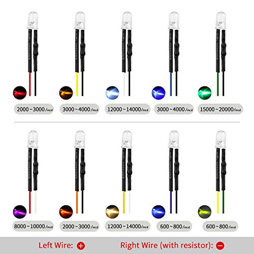 DiCUNO 100Pcs 5MM Pre Wired 12V Daylight White LED Diodes, 9.4 Inch Lead - color: Daylight White