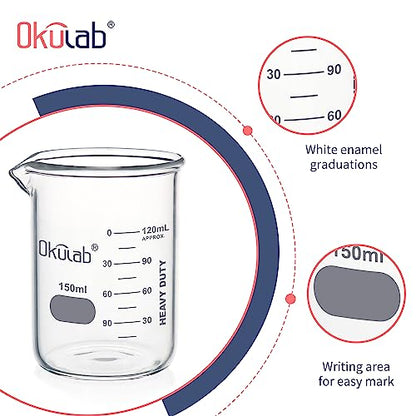 Glass Beakers, Heavy Duty, with Double Scale Printed Graduation. 12pcs of Vol.150ml, HBKG150C12 - style: 12pcs of 150ml
