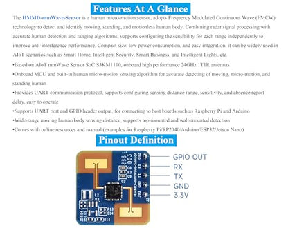 3PCS Human Micro-Motion Detection mmWave Sensor, Compatible with Raspberry Pi/Pi Pico/Jetson Nano/ESP32, 24GHz mmWave Radar, Frequency Modulated Continuous Wave (FMCW) Technology,UART & GPIO Output - color: 3PCS