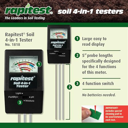 Luster Leaf 1818 Rapitest 4-in1 Soil pH/Moisture/Fertility/Light Tester, Fertility - style: 4-in-1 Tester