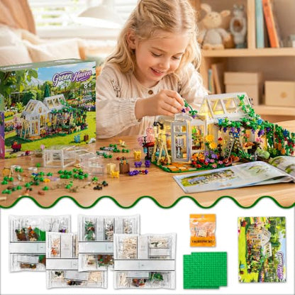 Flower House Building Set with LED Light, Botanical Greenhouse Garden Building Kit for Adults, 1185 PCS Creative Modular Flower House Playset with Fruits & Plants, Ideal Gift for Teens & Kids 8+