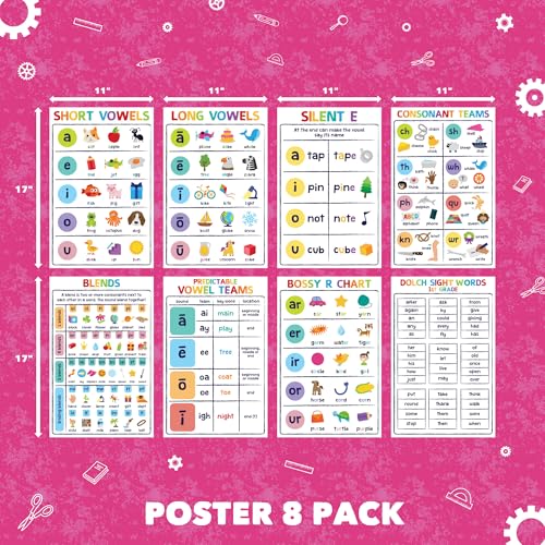 Sproutbrite 8 Pack 11” x 17” 1st Grade Educational Phonics Posters & Charts - color: Vowels Poster Set