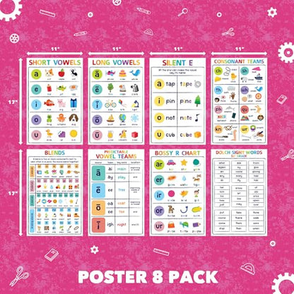 Sproutbrite 8 Pack 11” x 17” 1st Grade Educational Phonics Posters & Charts - color: Vowels Poster Set