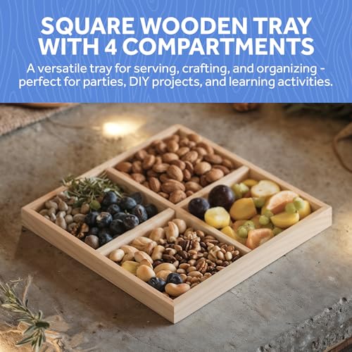 DIY Square Wooden Divided Serving Tray 10 x 10-inch, Pack of 5 4-Section Candy Tray for Vegetable & Fruit Party Platters, by Woodpeckers - size: 10" x 10" 4 Part