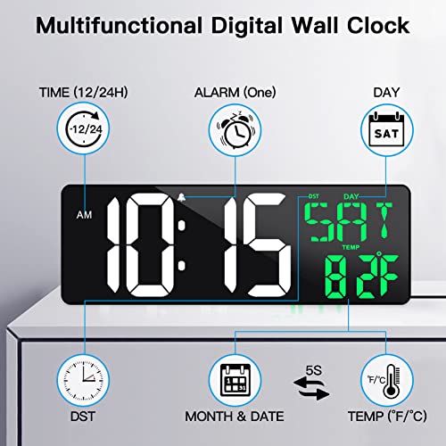 17" Large Digital Wall Clock with Remote, Auto Dimmer, Date Temp, Timer - color: Green + White