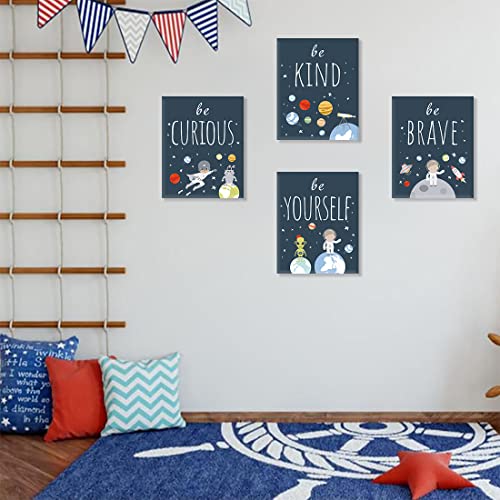 CHDITB Outer Space Canvas Wall Art, Abstract Universe Planet Print, Be Kind Inspirational Space Poster For Kids Room Boys Bedroom Nursery Playroom Decor-Set Of 4 (8” X 10”) Framed Ready To Hang - color: Outer Space, size: 8x10 inches