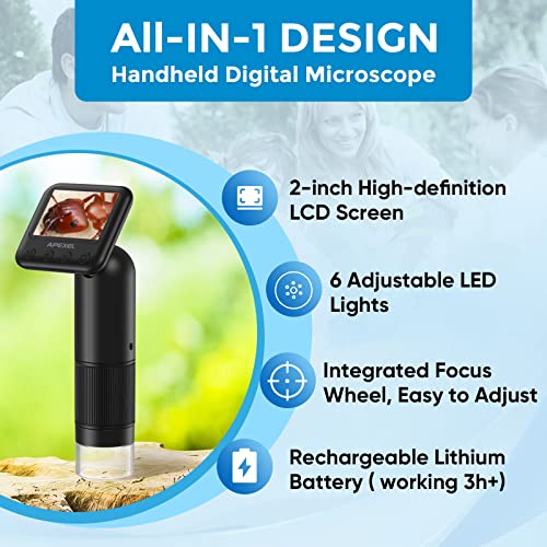 APEXEL 800X Handheld Digital Microscope with 2” LCD Screen, Pocket Portable Microscope with Adjustable LED Lights, Coins Microscopes Magnifier Camera, USB to PC (SD Card Not Included)