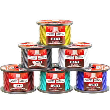 14 Gauge Wire Combo 6 Pack (600ft Total) 100ft Per Roll, 12V Low Voltage Automotive and Electrical Cable, Copper Clad Aluminum (CCA)