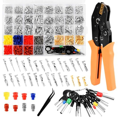 950pcs Pin Connectors Kit with Crimping Plier, Car Electrical 1/1.5/1.8/2.2/2.3/2.8/3.5mm Male & Female Wires Pins Seals Removal Tool kit, Motorcycle Non-Insulated Plug Crimp Set
