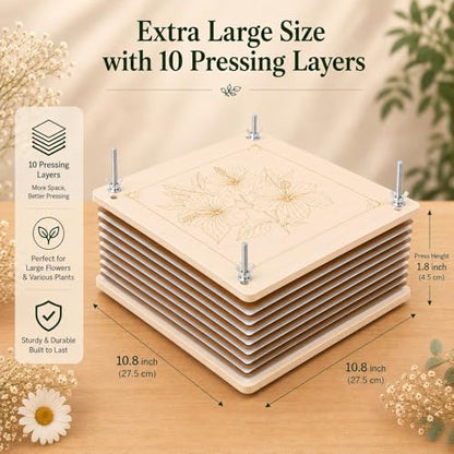MeRGBWLife Flower Press - 11"x11" Wooden 10 Layer Flower Press Kit for Crafts Pressed Flowers & Plant Press, Scrapbooking, Bookmark Making, Wedding Bouquet Preservation, Dried Flowers - size: 11"x11"