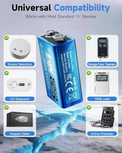 HW 9V Batteries 1200mAh 8 Pack, Lithium for Smoke Detectors -40°F to 140°F