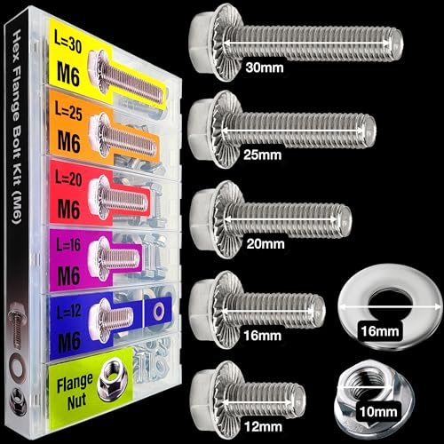 EEEEE Metric Hex Flanged Bolt Assortment Kit 138pcs and Nuts Kit Set,M6 Bolt 12 mm 16mm 20mm 25mm 30mm, Flange Metric Large Hardware Grade Hex Bolt Assortment,304 Stainless Steel Class Flat Washers - size: M6 138pcs (304 stainless)
