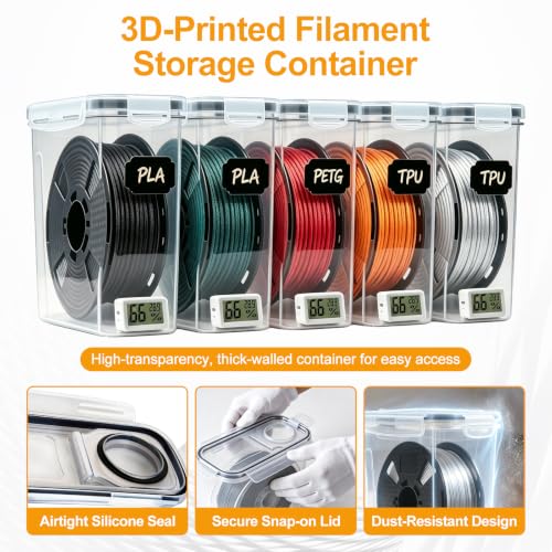 6 Pack Filament Storage Box with Temperature & Humidity Monitor, Airtight Dry Boxes with Desiccants & Label, Waterproof & Dust-Proof 3D Printer Filament Storage Container for PLA/ABS/PETG/TPU