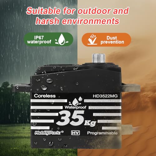 HobbyPark Waterproof 35KG High Torque Servo Motor Coreless Metal Gears Digital RC Steering Servo and 25T Servo Horn for 1/8 1/10 1/12 RC Crawler RC Trucks RC Cars Robots DIY 180° HV Fast, Powerful