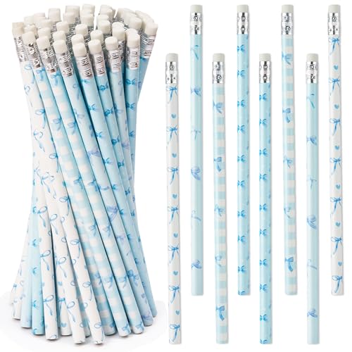 Xqumoi Coquette Blue Bow Pencils with Eraser - Preppy Bow #2 HB Pencils, Classroom Student Rewards, School Office Supply, Party Goodie Bag Fillers Stuffers, Baby Shower Party Favors - style: Blue Bow