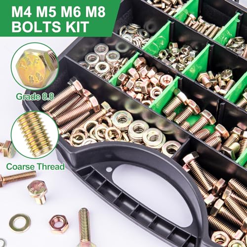 FOLIV 907pcs Grade 8.8 Metric Bolt Assortment, M4 M5 M6 M8 Heavy Duty Bolts and Nuts Kit, Yellow Zinc Plated, Length from 12-30mm - size: 907PCS M4 M5 M6 M8