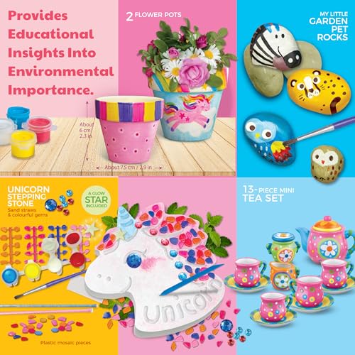 4M Magical Garden Kit for Kids Ages 8-12 – 4-in-1 Craft Set: Paint Flower Pots, Unicorn Stepping Stone with Glow Star, Mosaics & Gemstones, Mini Porcelain Tea Set, Garden Stones, Creative Art Gift - style: Magical Garden