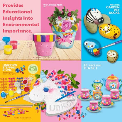 4M Magical Garden Kit for Kids Ages 8-12 – 4-in-1 Craft Set: Paint Flower Pots, Unicorn Stepping Stone with Glow Star, Mosaics & Gemstones, Mini Porcelain Tea Set, Garden Stones, Creative Art Gift - style: Magical Garden