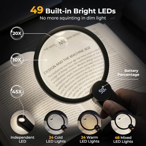 Magnifying Glass with Light, 10X 20X 45X Large Handheld Lighted Magnifier - color: Black