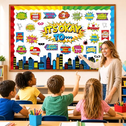 Hero Themed Mental Health Bulletin Board Set Motivational Classroom Decor It's Okay to Inspirational Affirmation Super Themed Cutouts for Back to School Party Classroom Home Chalkboard Wall Door Decor - style: It's Okay to