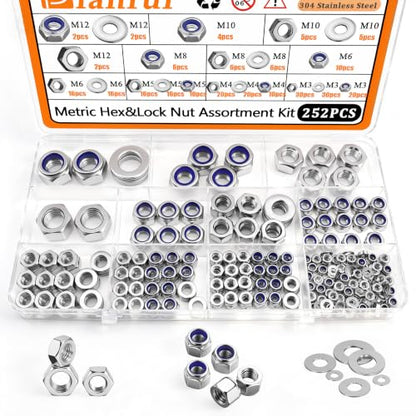 Dianrui 252PCS Metric Hexnut & Locknuts Assortment Kit with Flat Washer, Nuts and Washers Set 304 Stainless Steel (M3/ M4/ M5/ M6/ M8/ M10/ M12) Hardware Nuts-7 Sizes - size: 252PCS Metric Hex&Lock Kit
