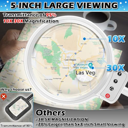 30X 10X Large Floor Magnifying Glass with Light and Stand - color: White