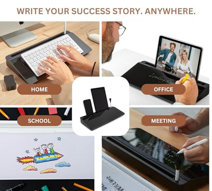GAROOD Desktop Dry Erase Board with Storage Black Color Dry Erase Board Desk Board Glass Desktop Board with Stand Home Office Desk Organizer Phone Holder 15.8X7X2 inches - color: Black