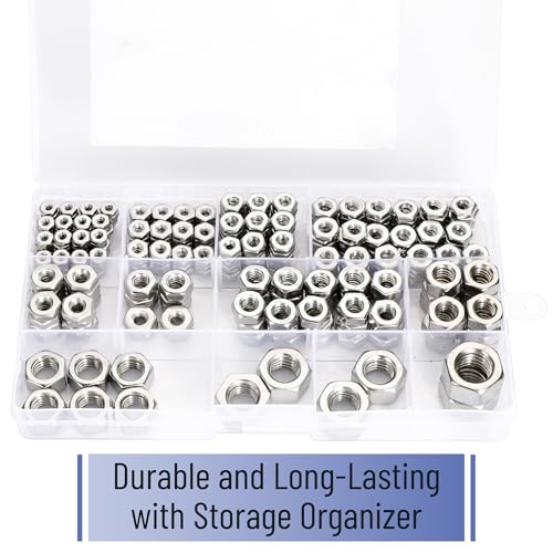 Bates- SAE Hex Nuts Assortment Kit, 11 Sizes, 340 pcs, Stainless Steel, 4#40 6#32 8#32 10#24 10#32 12#24 1/4"-20 5/16"-18 3/8"-16 1/2"-13, Hardware Nuts