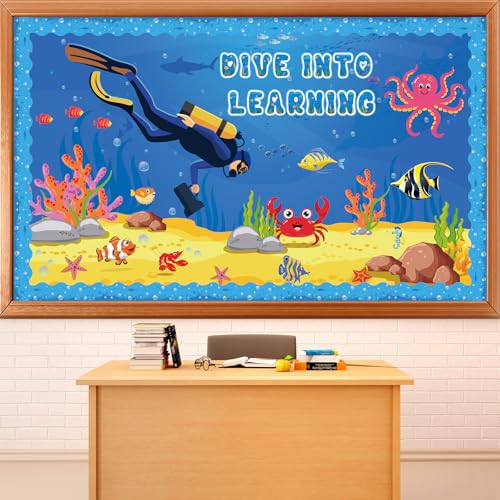 party greeting Ocean Animal Bulletin Board Set Under The Sea Classroom Decoration Summer Dive into Learning Sea Animals Fish Paper Cutouts for Tropical School Chalkboard Wall Decor Supplies - style: Under The Sea Bulletin Board